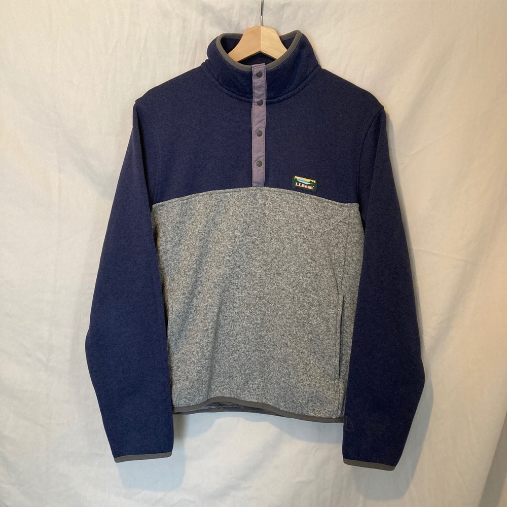 LL Bean Katahdin Iron Works Sweater Fleece Pullover Navy Gray Snap Mock Neck